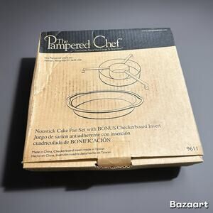 NEW Pampered Chef 3 Nonstick Cake Pan Set With Bonus Checkerboard Insert 9611